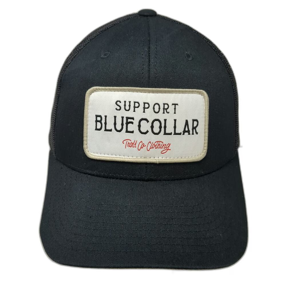 Troll Co. Trucker Hat Black OSFM Support Blue Collar Patch Snapback Mesh Back